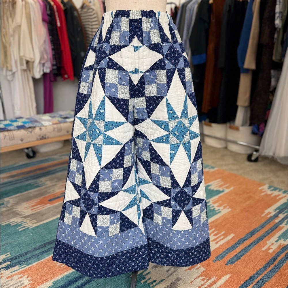 Blue Patchwork Wide-Leg Quilted Pants